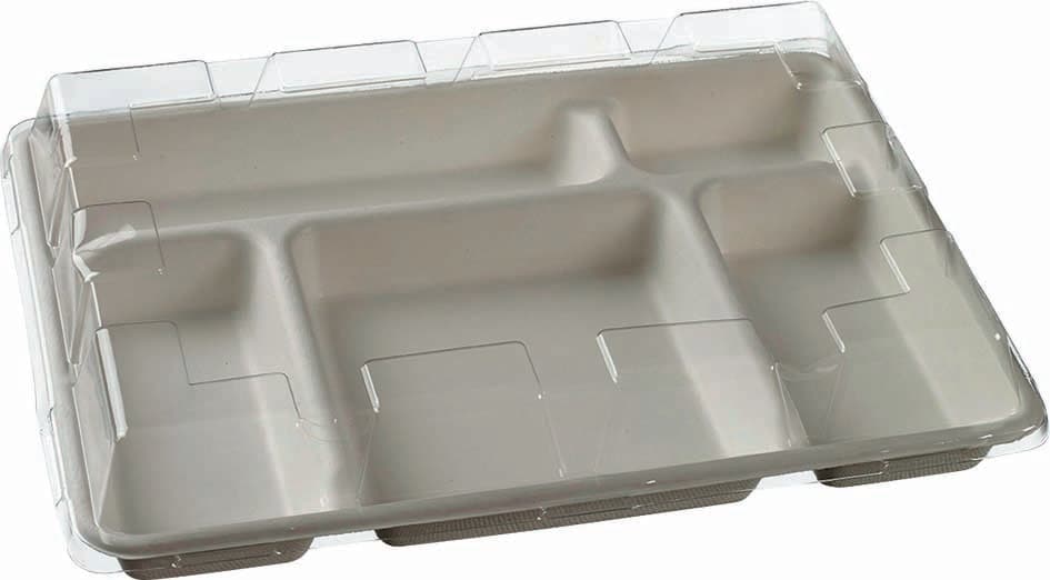 25 PLATEAUX REPAS PULPE DE CANNE 5 COMPARTIMENTS OU 25 COUVERCLES RPET