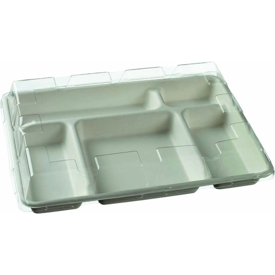 25 PLATEAUX REPAS PULPE DE CANNE 5 COMPARTIMENTS OU 25 COUVERCLES RPET